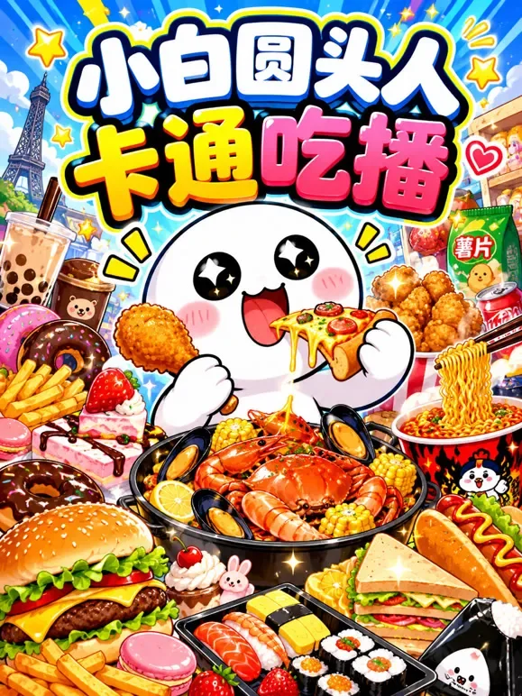 小白圆头人卡通吃播动漫海报