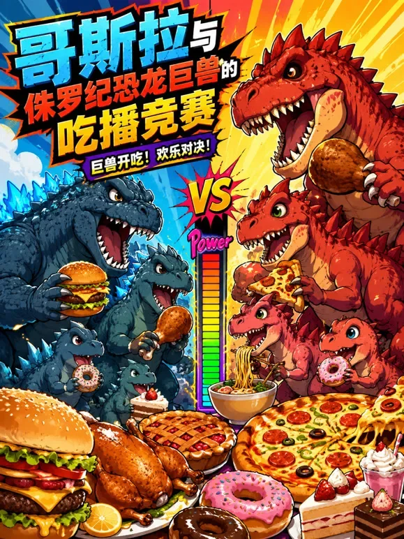 哥斯拉与侏罗纪恐龙巨兽的吃播竞赛动漫海报