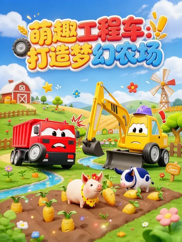 萌趣工程车：打造梦幻农场动漫海报