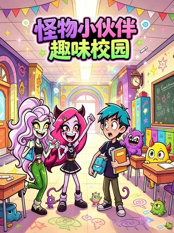 怪物小伙伴趣味校园动漫海报
