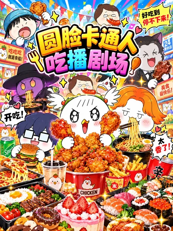 圆脸卡通人吃播剧场动漫海报