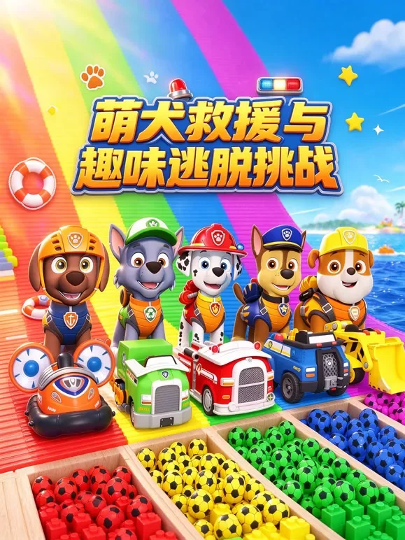 萌犬救援与趣味逃脱挑战动漫海报
