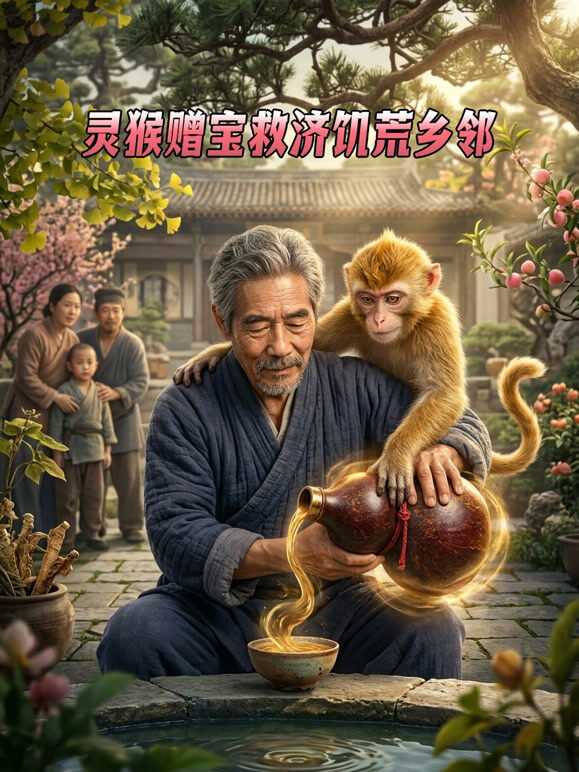 灵猴赠宝救济饥荒乡邻