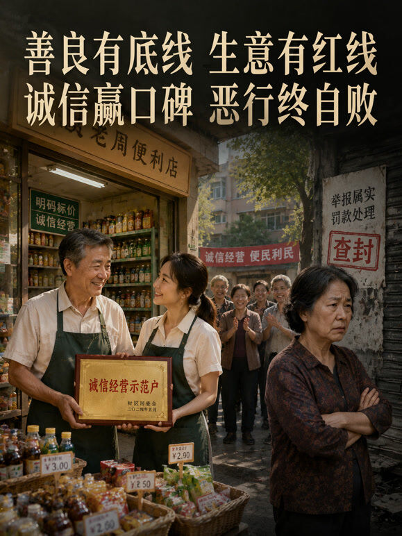 善良有底线，生意有红线，诚信赢口碑，善恶终自败